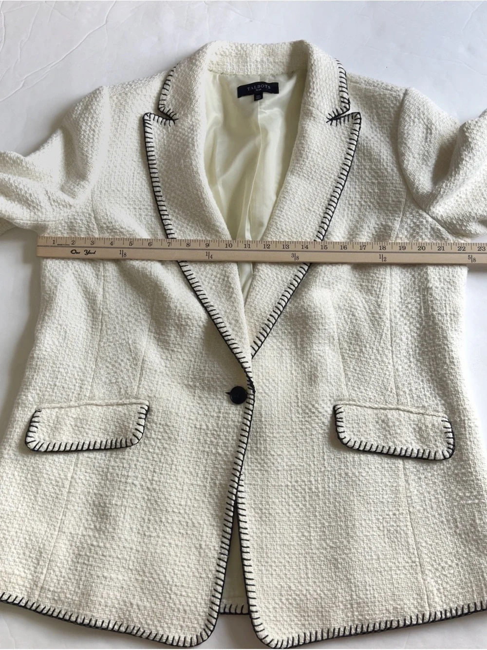 Talbots Tweed Blazer 14W Cream Black Whipstitch Jacket Classic Office Cotton